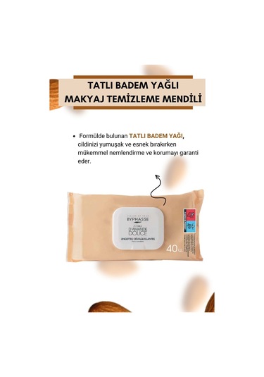 Byphasse Tatlı Badem Yağlı Makyaj Temizleme Mendili Hassas Ciltler 40'lı