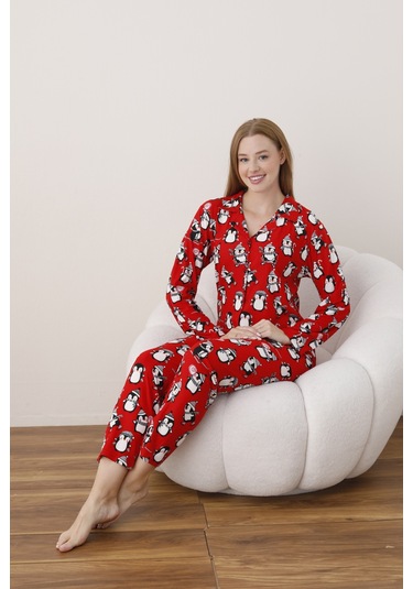 Kadın Önden Düğmeli Gömlek Yaka Suet Kumaş Pijama Takımı Kırmızı