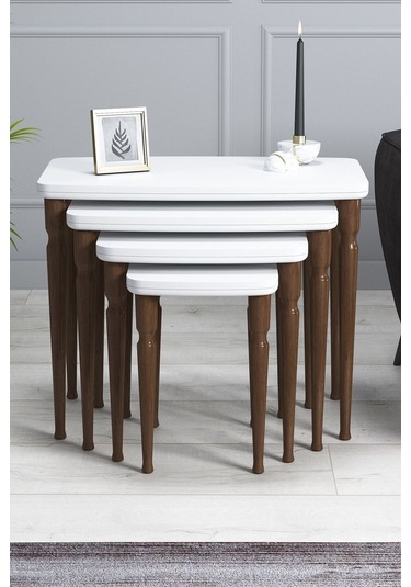 Imaj Mdf Ve Lake Boya, Beyaz 4lü Zigon Sehpa Takımı, Ceviz Gürgen Ayaklar Beyaz