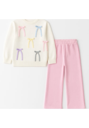 Kız Çocuk Aplike Fiyonk Detaylı Triko Alt Üst Takım 2 Parçalı Takım Fiyonk