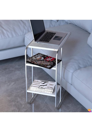 Modilayn C Yan Sehpa Dar Boy Tekerlekli Çalışma, Atıştırmalık, Yemek, Laptop Sehpası Çiçekli Beyaz Beyaz