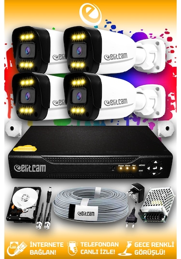 Elitcam 4 Kameralı Ultra 4 Dış Kamera Set 250 GB 5 MP 2K Net Renkli Gece Görüşlü Güvenlik Kamerası Sistemi