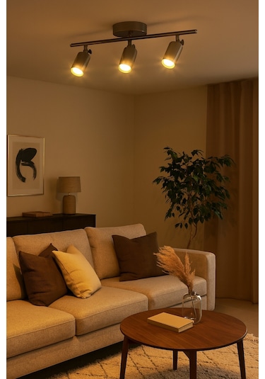 Spoti 3'lü Gri Renk Gün Işığı Modern Tasarım Salon - Mutfak - Banyo Spot Ledli Sıralı Avize Gri