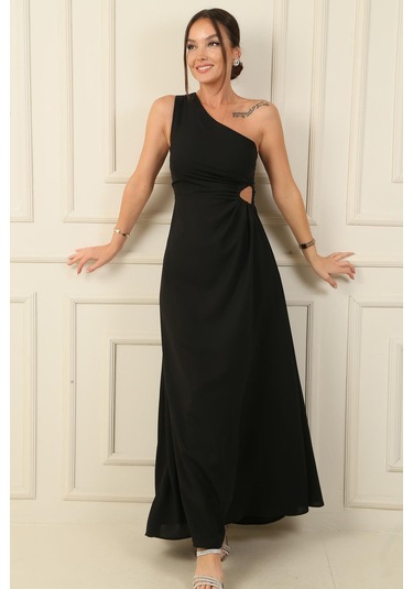 Kadın Tek Omuz Yan Pencere Detaylı Uzun Krep Saten Elbise-38275 Siyah