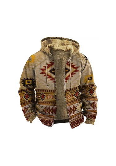 Erkek Kadife Kalın Fermuarlı Baskılı Hırka Ceket Kahverengi