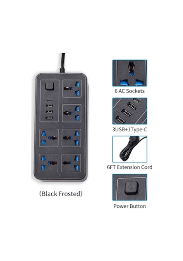 Pazly 6 Ac Soketli Güç Şeridi, 3 Usb + 1 Type-c, 6ft Uzatma Kablosu, Aşırı Gerilim Koruyucu, Siyah Eu Plug 1.8 M