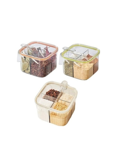 Pazly Yeşil 4 Bölmeli Baharat Çeşniler Kutusu, Fonksiyonel Saklama, Şeffaf Kapak, Kaşık Kabı İle Yeşil