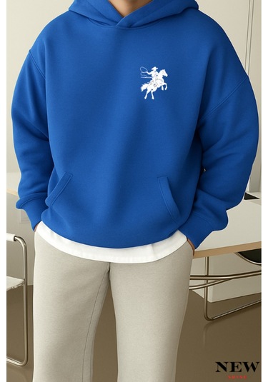 Koşan Atlı Baskılı Sweatshirt Saks Mavisi