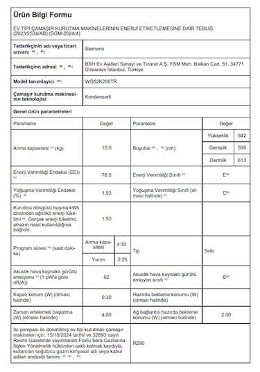 Siemens WQ52K200TR 10 KG Isı Pompalı Kurutma Makinesi