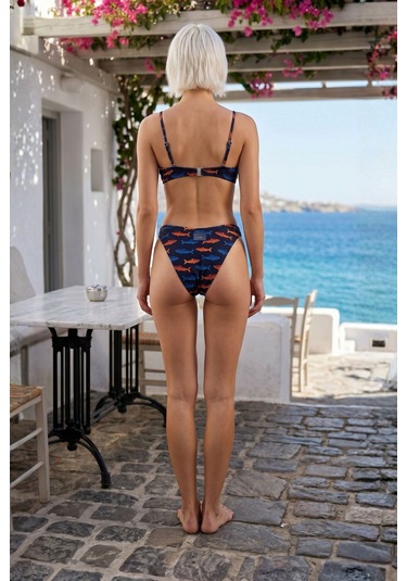 Akdeniz Suları Mavi & Kehribar Balık Desenli Premium Üçgen Bikini Set-3466