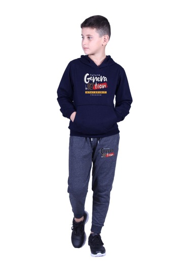 3'lü Erkek Çocuk Kapüşonlu Baskı Detaylı Eşofman Takımı Lacivert Füme Gri Siyah Siyah Füme