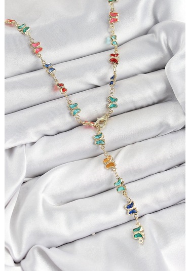 Pirinç Renkli Zirkon Taşlı Kelebek Model Gold Renk Kadın Y Kolye Çok Renkli