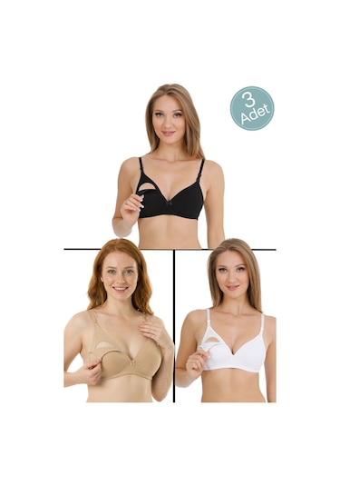Parlingerie Kaplı Emzirme Sütyeni Siyah - Beyaz - Ten 3'lü