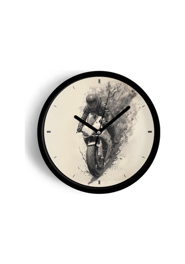 Motorcu Modern Duvar Saati - 30cm - Önü Camlı Siyah Kasa - Sessiz Mekanizma-jh1064 Siyah