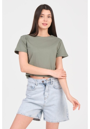 As Collection Yeşil Bisiklet Yaka Kısa Kol Örme Kadın Crop 001