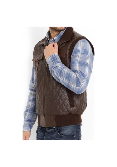 Dericlub Kapitone Gerçek Deri Erkek Yelek Tarçın