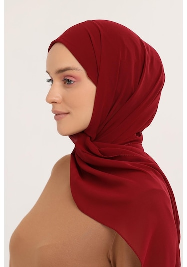 Hazır Pratik Lüks Geçmeli Lastikli Boneli Şifon Şal Bordo