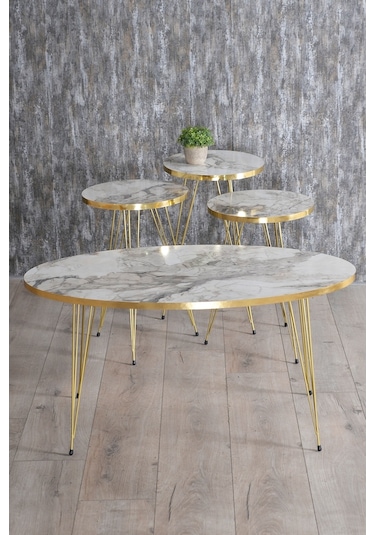 Zigon Sehpa Ve Orta Sehpa Elips Set Gold Efes Tel Ayak