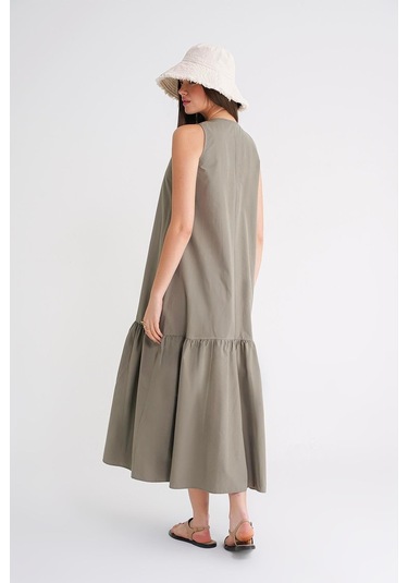 4695 Kadın Eteği Pileli Fermuar Detaylı Uzun Paraşüt Elbise Haki Haki