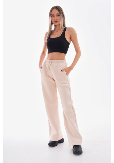 Kallima Bej Kışlık Şardonlu Yüksek Bel Bol Paça Eşofman Altı Bej
