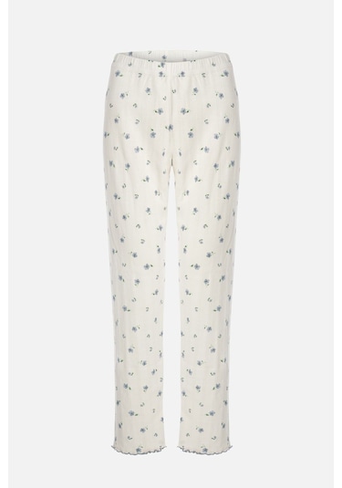 Kadın Pamuklu Çıtır Çiçek Desenli Baby Overloklu Fiyonk Detaylı Uzun Kollu Pijama Takımı Ko70142-3