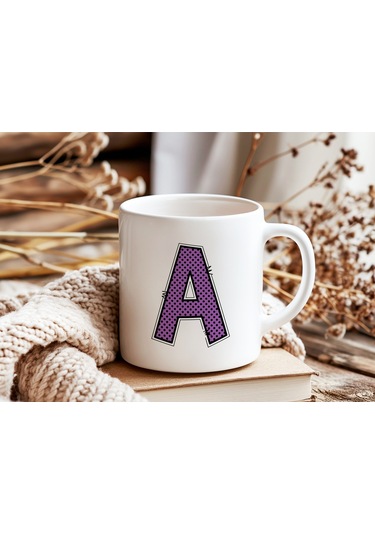 A Harfi Mor Puantiyeli Kupa Bardak - Polka Dot Tasarım Kahve Çay Bardak - Kişiye Özel Hediyelik Beyaz