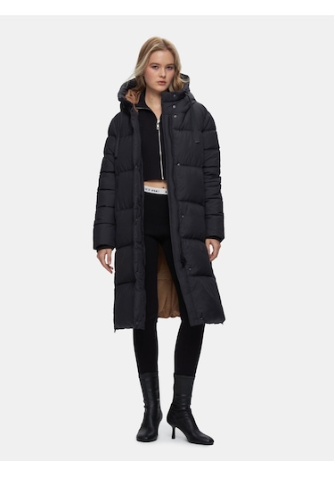 Uzun Boy Kapüşonlu Şişme Siyah Mont Siyah