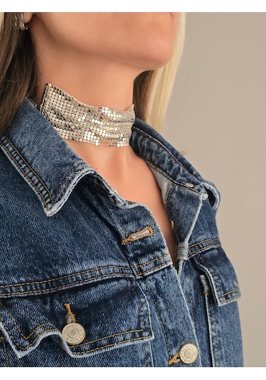 Arpa Pul Payet Zırh Metal Geniş Model Gümüş Choker Kolye Silver Çok Renkli