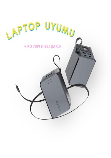 20000mah 70w Hızlı Şarj Powerbank Lcd Ekran 2x Usb + 2x Type-c Type-c Kablolu Çıkışlı Gri