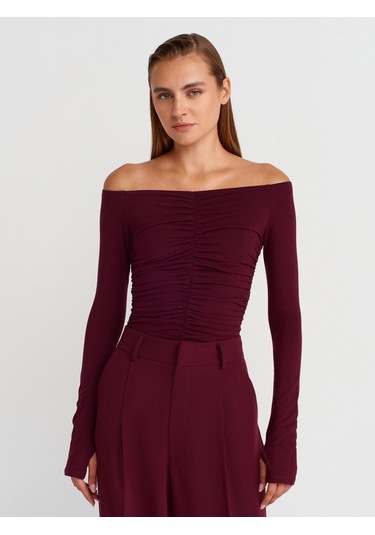 Dilvin 32089 Omuzları Açık Büzgülü Top-bordo Bordo