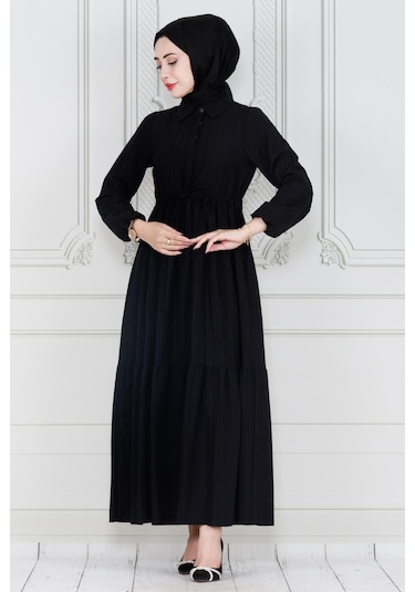 Gömlek Yaka Beli Tünelli Sare Elbise-siyah-4013-siyah Siyah