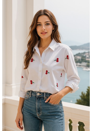 Kadın Kiraz Desenli Beyaz Pamuk Gömlek Beyaz
