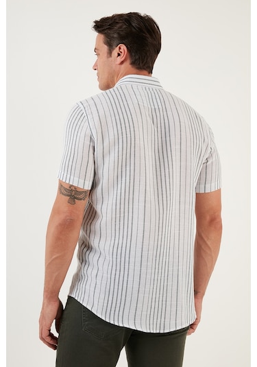 Buratti Çizgili Pamuklu Slim Fit Kısa Kollu Erkek Gömlek Cf23S116097 Beyaz-Yeşil