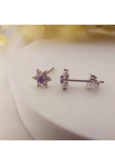 925 Ayar Gümüş Mor Taşlı Minimal Lotus Küpe Gümüş