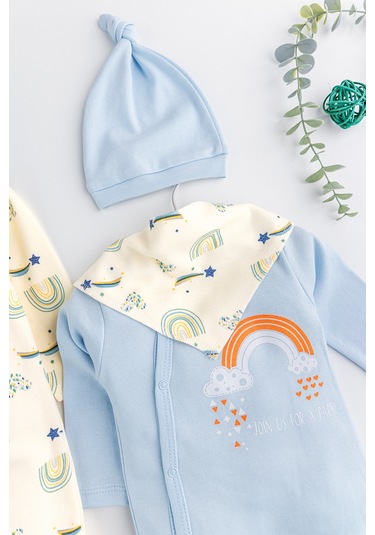 Gökkuşağı Temalı 2'li Uzun Kollu Kız/erkek Bebek Tulum Takım mavi