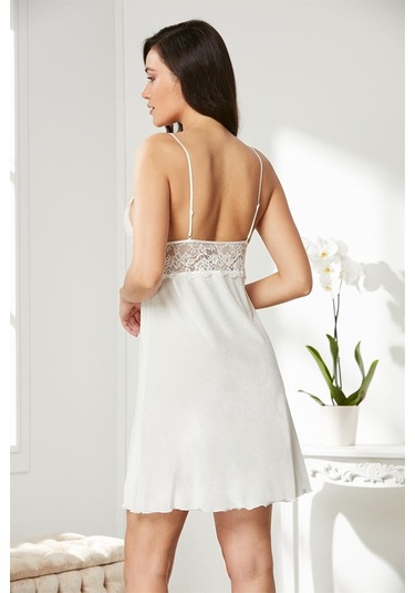 Pierre Cardin 845 Kadın İp Askılı Kadife Saten Gecelik-ekru Ekru