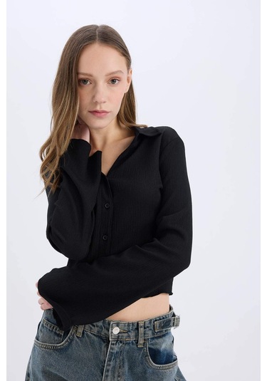 DeFacto Coool Fitted Basic Düz Bürümcük Uzun Kollu Gömlek A0012AX25SPBK81