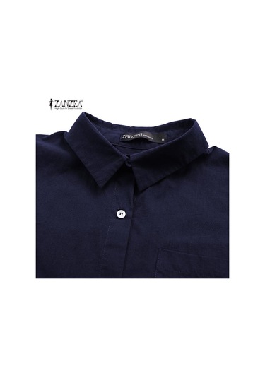 Lacivert Zanzea Vintage Kadın Yaka Boyun Düğmesi Ön Tunik Gömlek Gevşek Rahat Uzun Kollu Düzensiz Bluz Üstleri L Lacivert