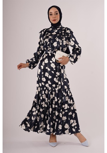 Lacivert Çiçek Motifli Fatma Sezen Elbise Lacivert