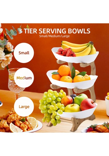 Reedark 3 Katlı Bambu Ayaklı Pratik Mutfak Servis Tepsisi - Pasta Ve Meyve Sunumu İçin Beyaz