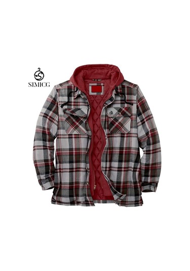 Kalın Pamuklu Ekose Uzun Kollu Bol Kapüşonlu Erkek Ceketi Kırmızı