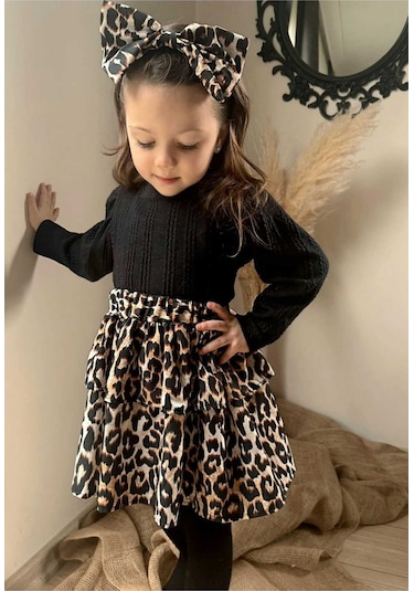 Kız Çocuk Desenli Triko Bandana 3lü Doğum Günü Günlük Hediye Elbise Takım Çok Renkli