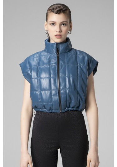 Mavi Dericlub Wm054 Gerçek Deri Kadın Şişme Yelek Mavi