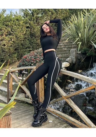 Menton Beyaz Biyeli Siyah Spor Tayt