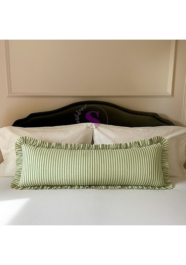 Fırfırlı Vintage Buldan Yeşil Çizgili Iskandinav Uzun 40x100 Kırlent Yastık İçi Dolgulu Yeşil - Bej