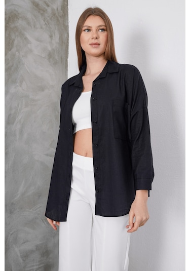 Paw Garage Kadın London Keten Tek Cepli Oversize Gömlek, Premium Kalite Keten Gömlek Siyah