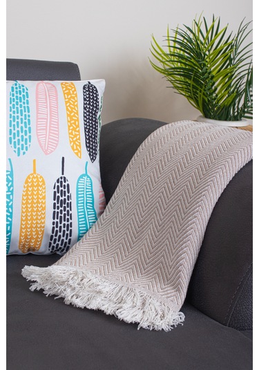 Pamuklu Zikzak Desenli Püsküllü Koltuk Örtüsü 170x210 Cm Dekoratif Ve Çok Amaçlı Bej