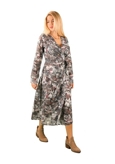 Kadın Çapraz Kapamalı Çiçek Baskılı Viskon Elbise Gri