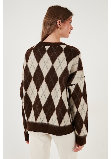 Lela Oversize Fit Bisiklet Yaka Baklava Desenli Yumuşak Dokulu Bayan Kazak 4616223 Kahve