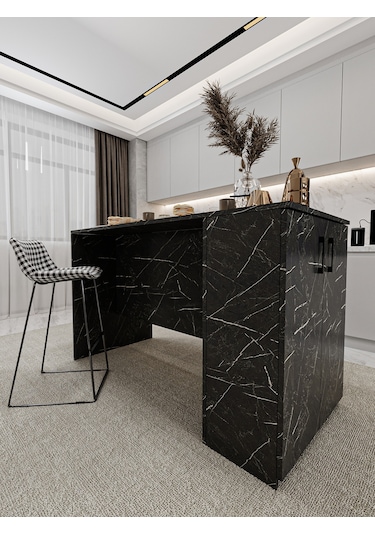 Asra Trend Mutfak Adası MA-04 %100 MDF Dolaplı Yemek ve Bar Masası Royal Mermer